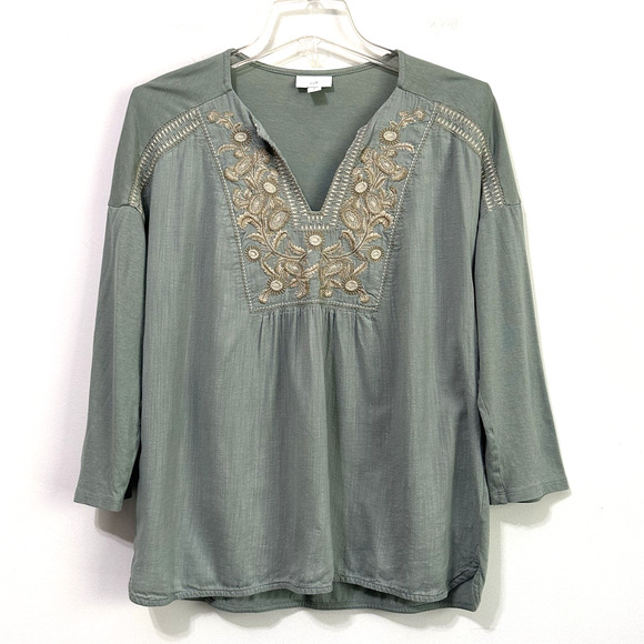 J Jill Embroidered Shirt Top S Sage Green V Neck 3/4 Sleeve Boho Casual Floral - Picture 1 of 9